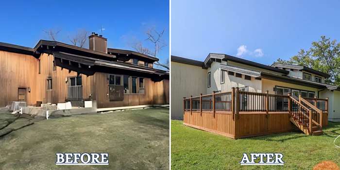 Before-and-after rear exterior and deck renovation